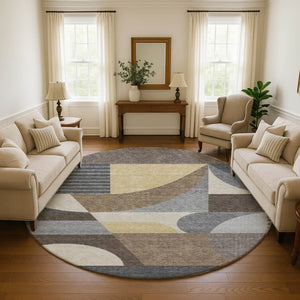 HomeRoots 8' Washable Round Rug with Modern Geometric Design in Brown, Gray, Ivory - UV Protected & Stain-Resistant! 696557