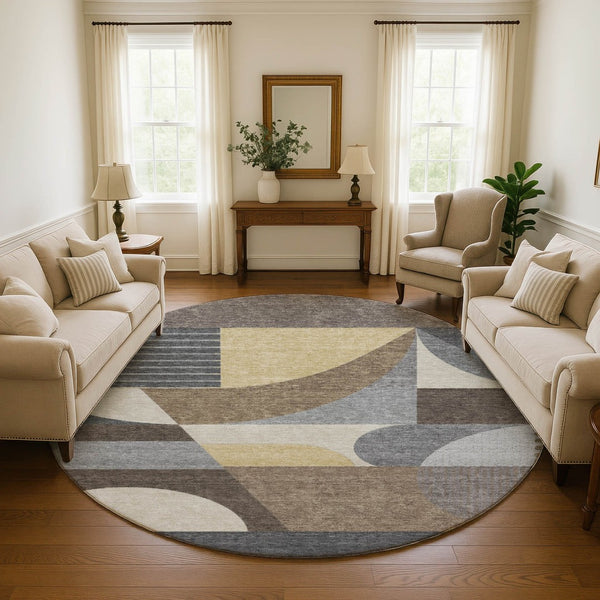 HomeRoots 8' Washable Round Rug with Modern Geometric Design in Brown, Gray, Ivory - UV Protected & Stain-Resistant! 696557
