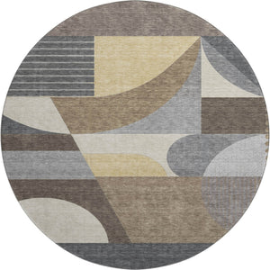 HomeRoots 8' Washable Round Rug with Modern Geometric Design in Brown, Gray, Ivory - UV Protected & Stain-Resistant! 696557