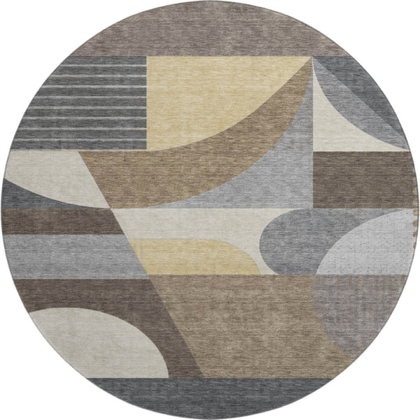 HomeRoots 8' Washable Round Rug with Modern Geometric Design in Brown, Gray, Ivory - UV Protected & Stain-Resistant! 696557