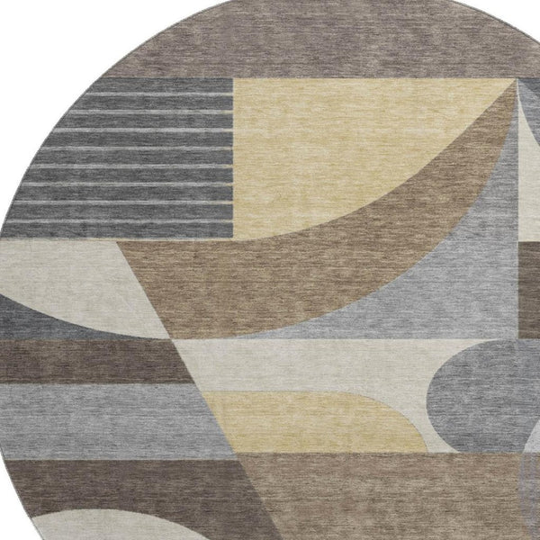 HomeRoots 8' Washable Round Rug with Modern Geometric Design in Brown, Gray, Ivory - UV Protected & Stain-Resistant! 696557