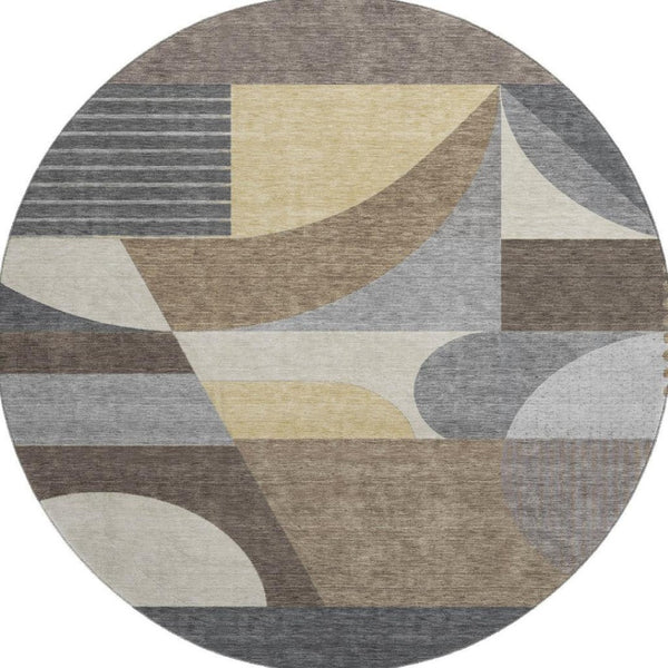 HomeRoots 8' Washable Round Rug with Modern Geometric Design in Brown, Gray, Ivory - UV Protected & Stain-Resistant! 696557