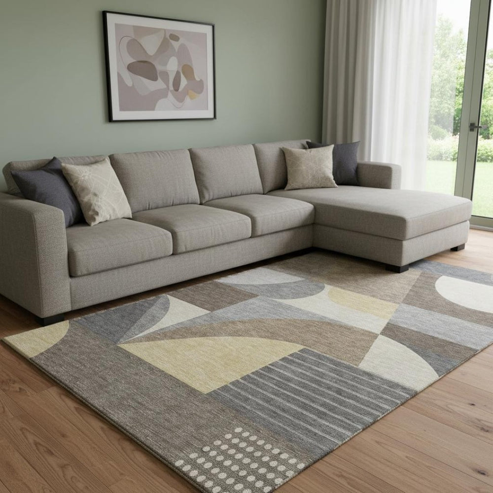 HomeRoots 8' X 10' Washable Brown Gray Ivory Geometric Area Rug with UV Protection for High-Traffic Homes 696558