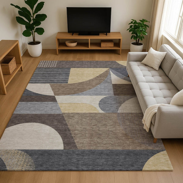 HomeRoots 9' X 12' Stylish Brown Gray Ivory Geometric Area Rug - Washable, UV Protected, Non-Slip Design 696559