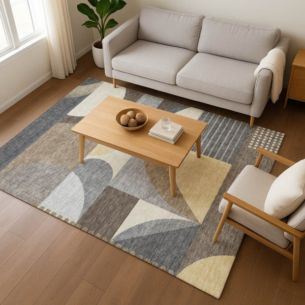 HomeRoots 9' X 12' Stylish Brown Gray Ivory Geometric Area Rug - Washable, UV Protected, Non-Slip Design 696559
