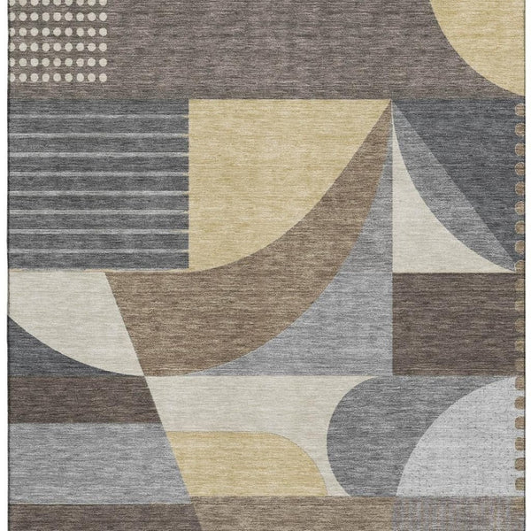 HomeRoots 9' X 12' Stylish Brown Gray Ivory Geometric Area Rug - Washable, UV Protected, Non-Slip Design 696559