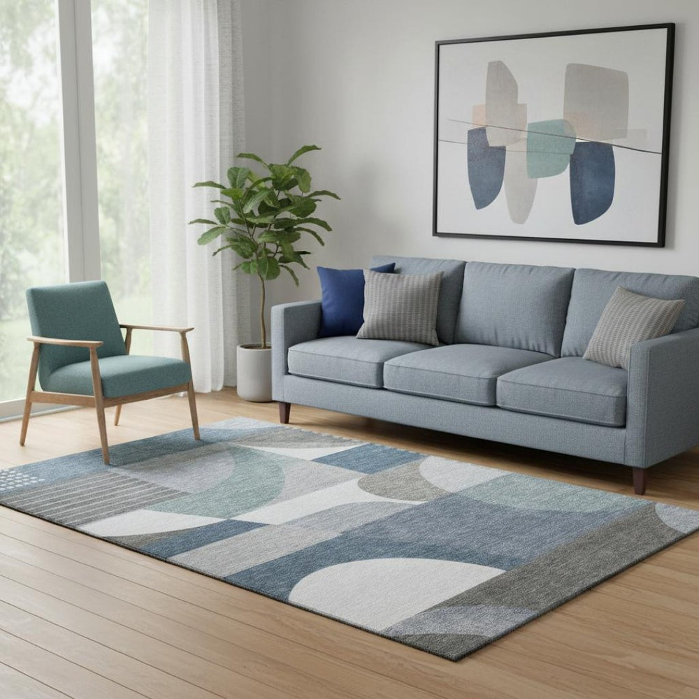 HomeRoots 5' Modern Gray-Blue & Ivory Geometric Washable Area Rug with UV Protection for High Traffic Spaces 696562