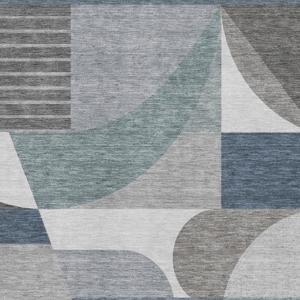 HomeRoots 5' Modern Gray-Blue & Ivory Geometric Washable Area Rug with UV Protection for High Traffic Spaces 696562