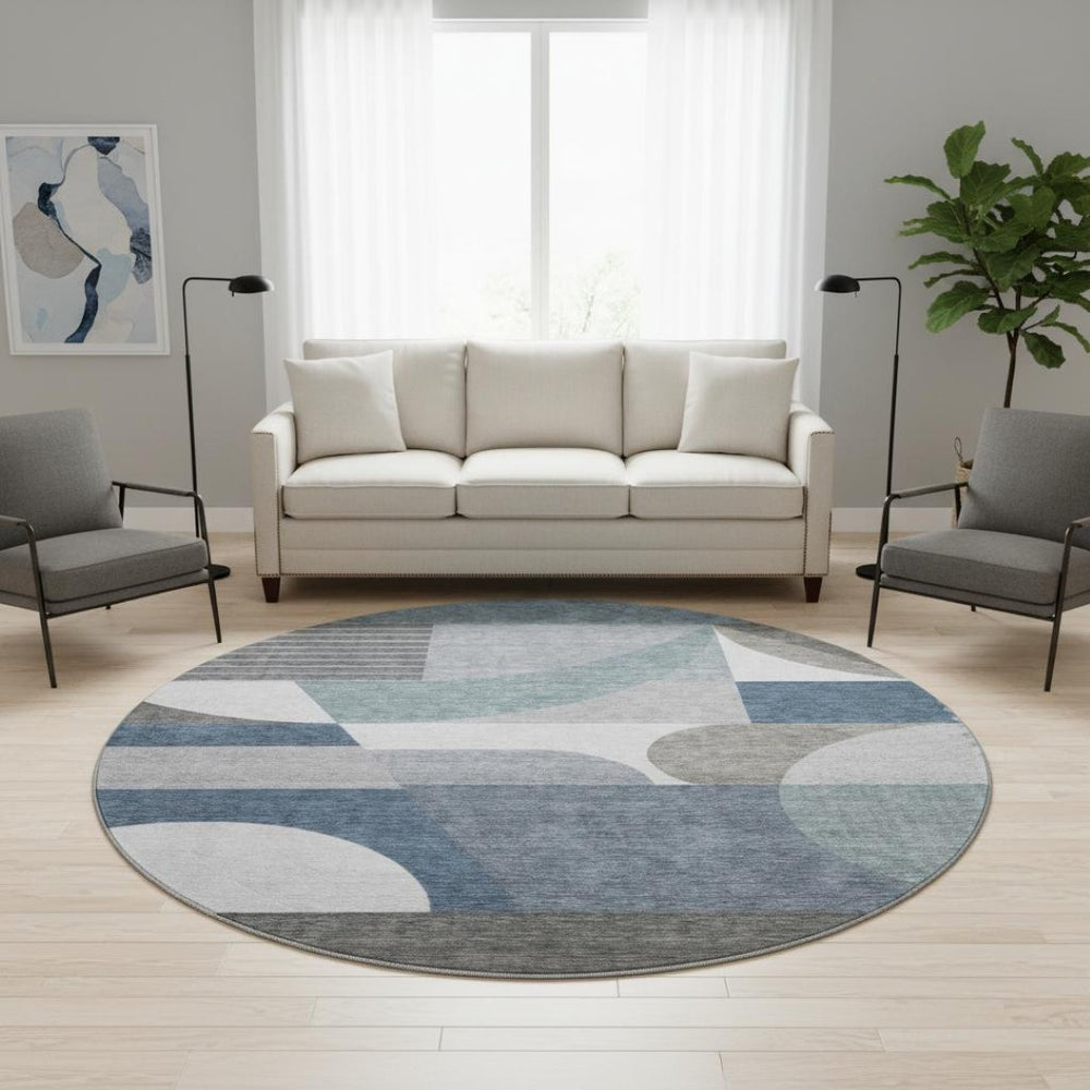 HomeRoots 8' Gray Blue and Ivory Geometric Washable Round Rug – Durable, UV-Resistant, and Stylish Home Accent 696563