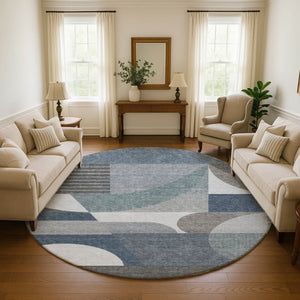 HomeRoots 8' Gray Blue and Ivory Geometric Washable Round Rug – Durable, UV-Resistant, and Stylish Home Accent 696563