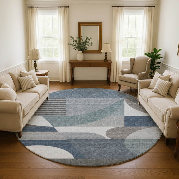 HomeRoots 8' Gray Blue and Ivory Geometric Washable Round Rug – Durable, UV-Resistant, and Stylish Home Accent 696563