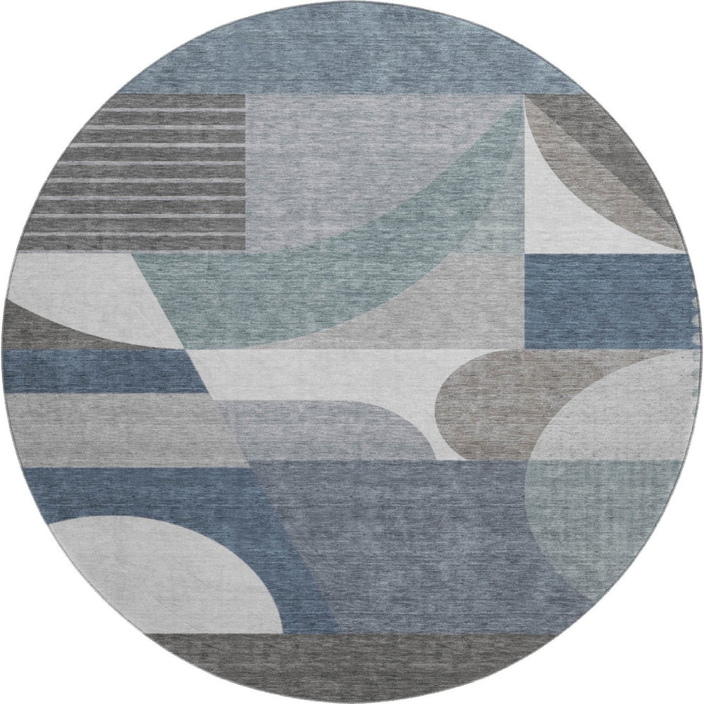 HomeRoots 8' Gray Blue and Ivory Geometric Washable Round Rug – Durable, UV-Resistant, and Stylish Home Accent 696563
