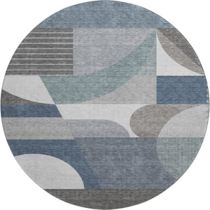 HomeRoots 8' Gray Blue and Ivory Geometric Washable Round Rug – Durable, UV-Resistant, and Stylish Home Accent 696563