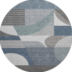 HomeRoots 8' Gray Blue and Ivory Geometric Washable Round Rug – Durable, UV-Resistant, and Stylish Home Accent 696563