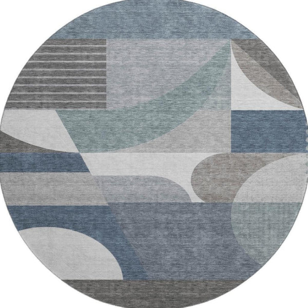 HomeRoots 8' Gray Blue and Ivory Geometric Washable Round Rug – Durable, UV-Resistant, and Stylish Home Accent 696563