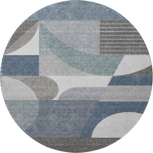 HomeRoots 8' Gray Blue and Ivory Geometric Washable Round Rug – Durable, UV-Resistant, and Stylish Home Accent 696563