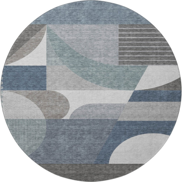 HomeRoots 8' Gray Blue and Ivory Geometric Washable Round Rug – Durable, UV-Resistant, and Stylish Home Accent 696563