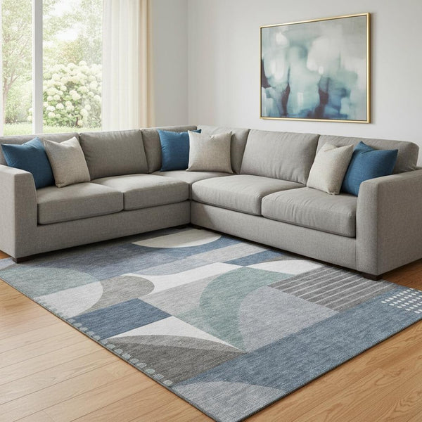 HomeRoots 8' X 10' Geometric Washable Area Rug in Gray Blue & Ivory – Stain Resistant, UV Protected & Stylish! 696564