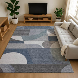 HomeRoots 10' Contemporary Gray Blue & Ivory Geometric Washable Area Rug - Durable, UV Protected, Stain Resistant 696566