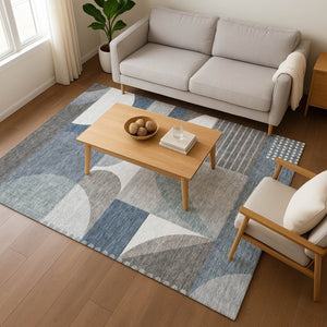 HomeRoots 10' Contemporary Gray Blue & Ivory Geometric Washable Area Rug - Durable, UV Protected, Stain Resistant 696566