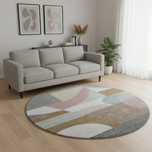 HomeRoots 8' Coffee Mauve and Ivory Geometric Washable Round Rug – Durable, UV Protected & Pet-Friendly Design 696569