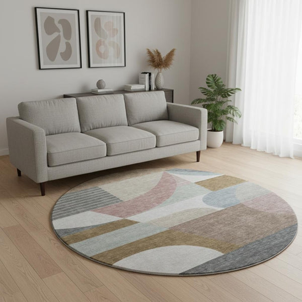 HomeRoots 8' Coffee Mauve and Ivory Geometric Washable Round Rug – Durable, UV Protected & Pet-Friendly Design 696569
