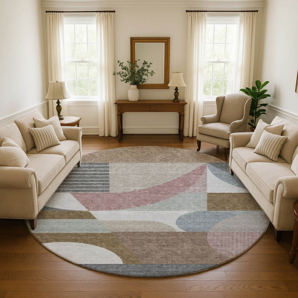 HomeRoots 8' Coffee Mauve and Ivory Geometric Washable Round Rug – Durable, UV Protected & Pet-Friendly Design 696569