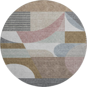 HomeRoots 8' Coffee Mauve and Ivory Geometric Washable Round Rug – Durable, UV Protected & Pet-Friendly Design 696569