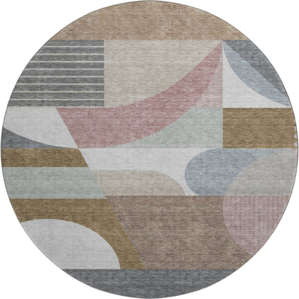 HomeRoots 8' Coffee Mauve and Ivory Geometric Washable Round Rug – Durable, UV Protected & Pet-Friendly Design 696569
