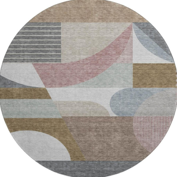 HomeRoots 8' Coffee Mauve and Ivory Geometric Washable Round Rug – Durable, UV Protected & Pet-Friendly Design 696569