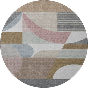 HomeRoots 8' Coffee Mauve and Ivory Geometric Washable Round Rug – Durable, UV Protected & Pet-Friendly Design 696569