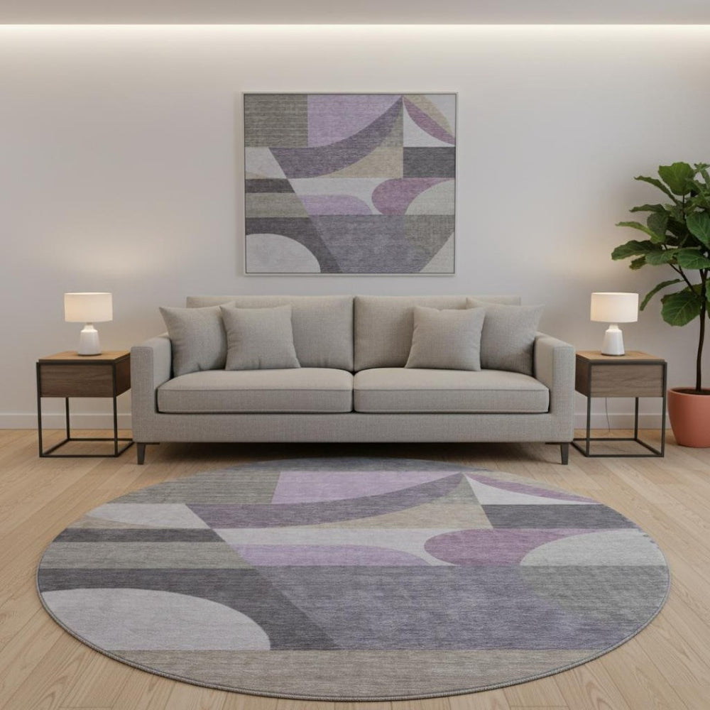 HomeRoots 8' Modern Geometric Round Rug in Purple, Gray, and Beige – Washable, UV-Protected, Non-Slip Design! 696575