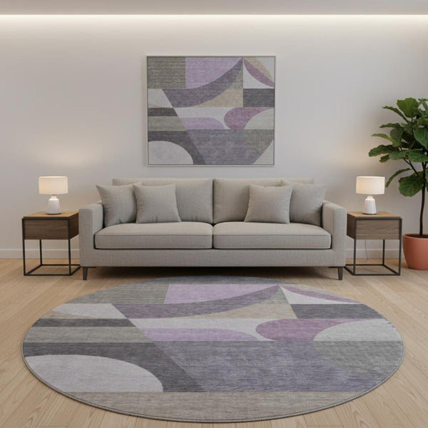 HomeRoots 8' Modern Geometric Round Rug in Purple, Gray, and Beige – Washable, UV-Protected, Non-Slip Design! 696575