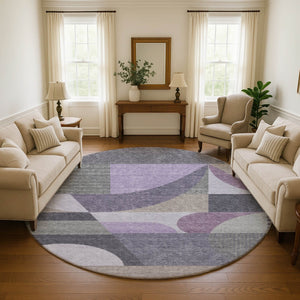 HomeRoots 8' Modern Geometric Round Rug in Purple, Gray, and Beige – Washable, UV-Protected, Non-Slip Design! 696575