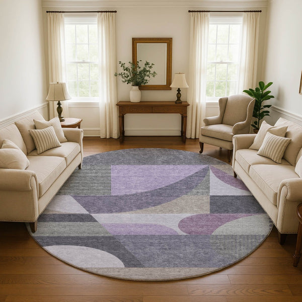 HomeRoots 8' Modern Geometric Round Rug in Purple, Gray, and Beige – Washable, UV-Protected, Non-Slip Design! 696575
