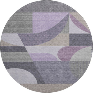 HomeRoots 8' Modern Geometric Round Rug in Purple, Gray, and Beige – Washable, UV-Protected, Non-Slip Design! 696575