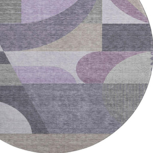HomeRoots 8' Modern Geometric Round Rug in Purple, Gray, and Beige – Washable, UV-Protected, Non-Slip Design! 696575