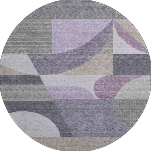 HomeRoots 8' Modern Geometric Round Rug in Purple, Gray, and Beige – Washable, UV-Protected, Non-Slip Design! 696575