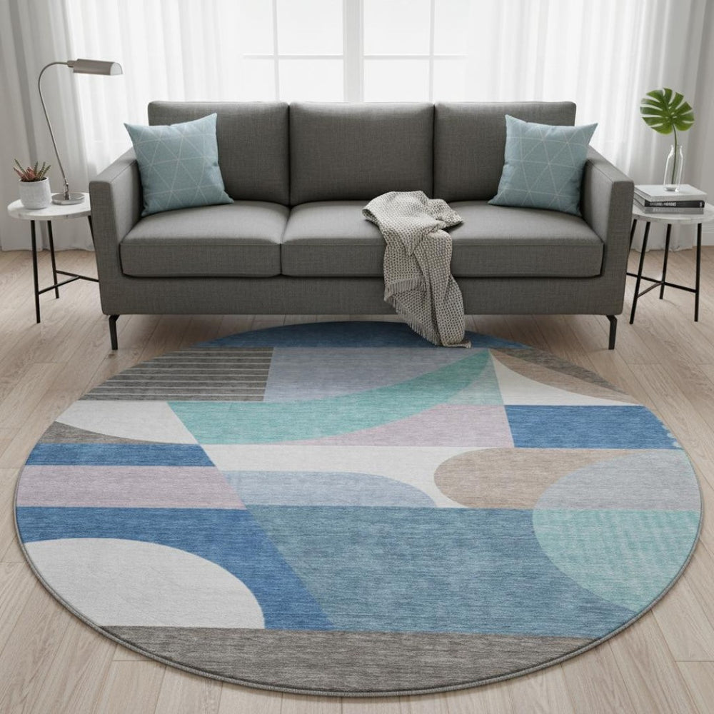 HomeRoots 8' Sky Blue Teal and Ivory Geometric Washable Round Rug - Stain Resistant with UV Protection! 696581
