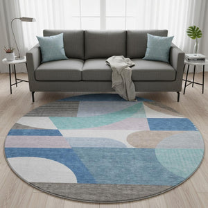 HomeRoots 8' Sky Blue Teal and Ivory Geometric Washable Round Rug - Stain Resistant with UV Protection! 696581