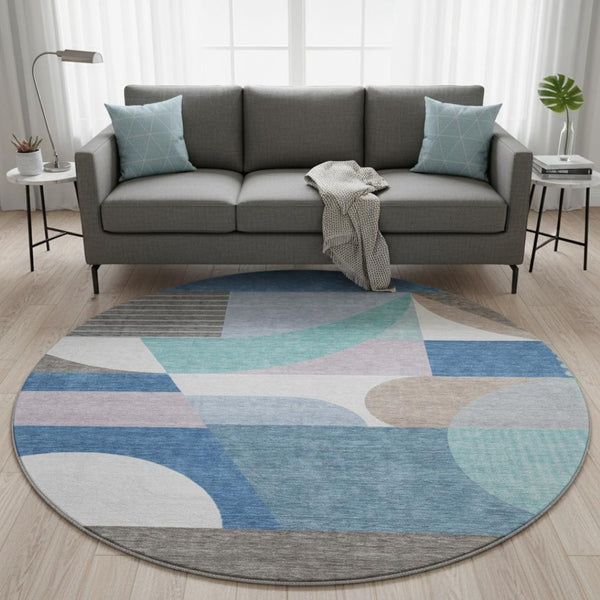 HomeRoots 8' Sky Blue Teal and Ivory Geometric Washable Round Rug - Stain Resistant with UV Protection! 696581