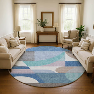 HomeRoots 8' Sky Blue Teal and Ivory Geometric Washable Round Rug - Stain Resistant with UV Protection! 696581