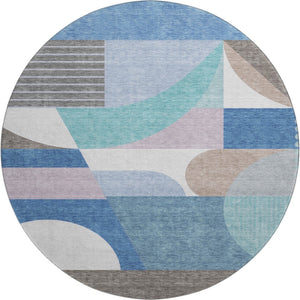 HomeRoots 8' Sky Blue Teal and Ivory Geometric Washable Round Rug - Stain Resistant with UV Protection! 696581