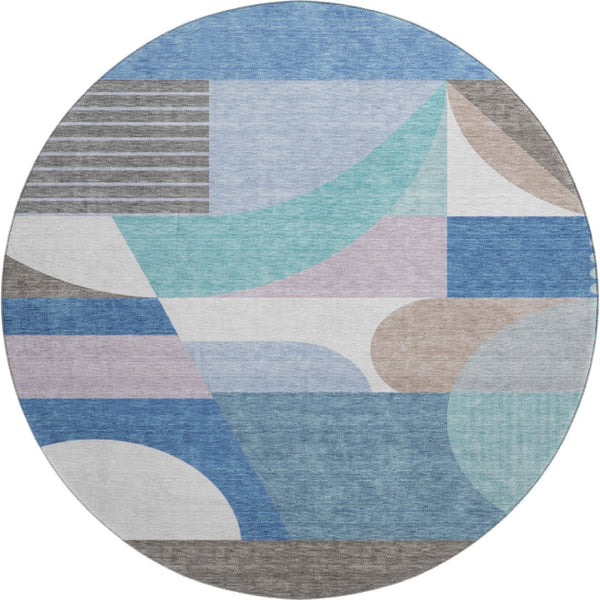 HomeRoots 8' Sky Blue Teal and Ivory Geometric Washable Round Rug - Stain Resistant with UV Protection! 696581