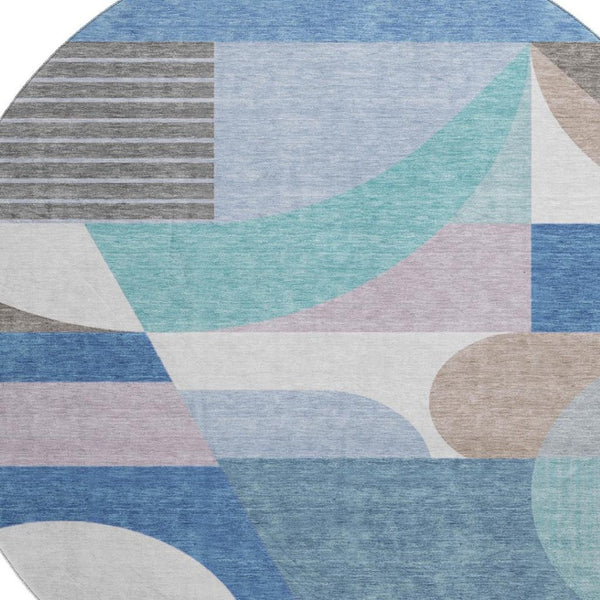 HomeRoots 8' Sky Blue Teal and Ivory Geometric Washable Round Rug - Stain Resistant with UV Protection! 696581