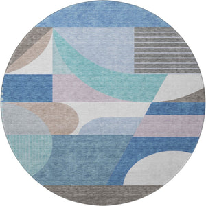 HomeRoots 8' Sky Blue Teal and Ivory Geometric Washable Round Rug - Stain Resistant with UV Protection! 696581