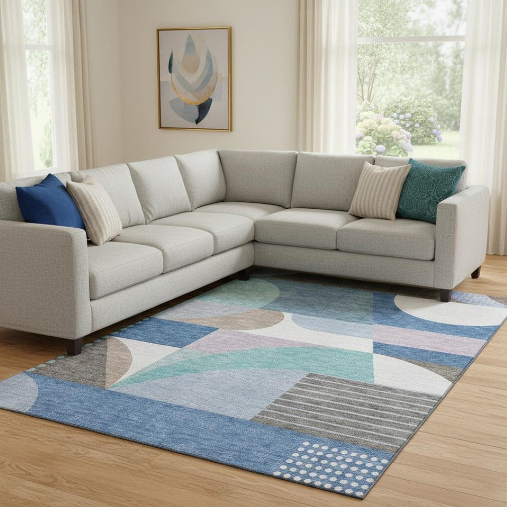 HomeRoots 8' x 10' Stylish Sky Blue Teal Ivory Geometric Washable Area Rug - UV Protected & Durable Design 696582