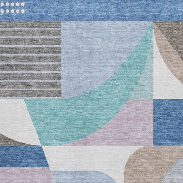 HomeRoots 8' x 10' Stylish Sky Blue Teal Ivory Geometric Washable Area Rug - UV Protected & Durable Design 696582