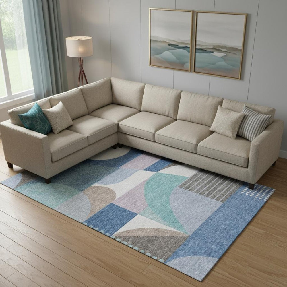 HomeRoots 9' X 12' Sky Blue, Teal & Ivory Geometric Area Rug – Washable, UV Protected & Ideal for Homes with Kids! 696583