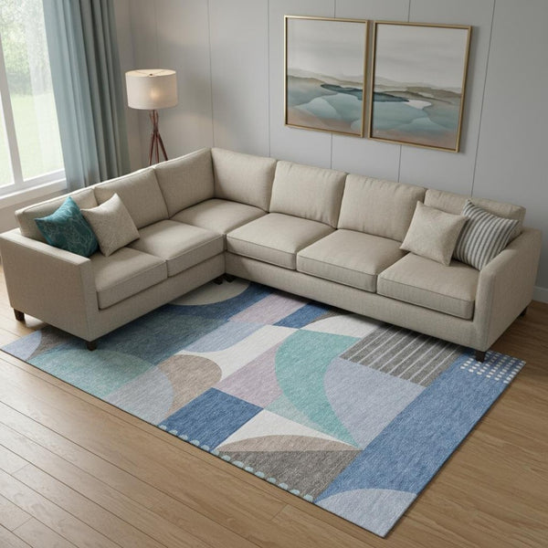 HomeRoots 9' X 12' Sky Blue, Teal & Ivory Geometric Area Rug – Washable, UV Protected & Ideal for Homes with Kids! 696583